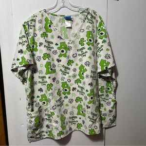Care Bears Green & White Shamrock Print Scrub Top